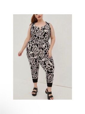 Torrid lovesick Plus Size Black & Cream Rose Print hooded Jumpsuit